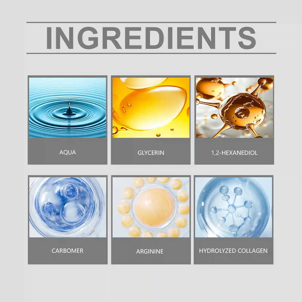 Deep Action Collagen Essence anti-aging set ingredients: Aqua, Glycerin, Arginine, and Hydrolyzed Collagen skin care.