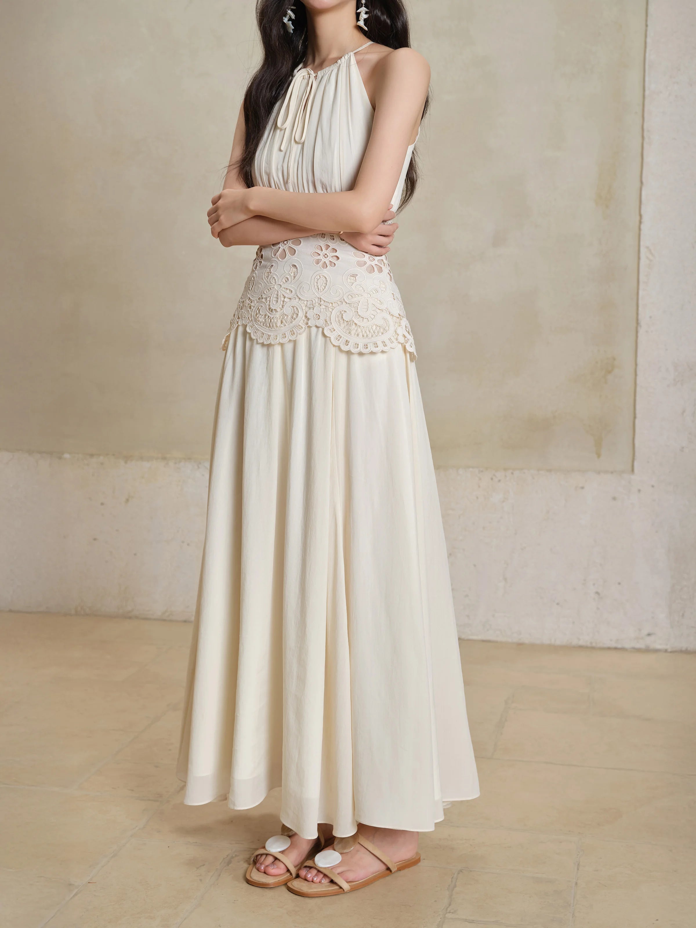Lace Halter Maxi Dress Women Summer A-Line Slim Fit French Style Elegant Long Dress Hollow Out Sleeveless Fake Two-Piece Outfit