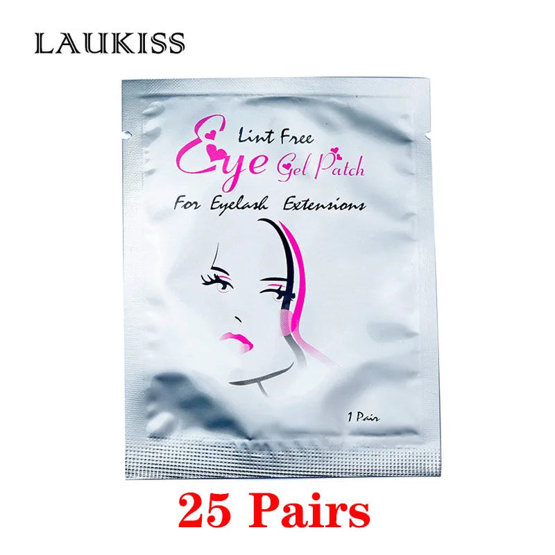 Lint-free silver gel eye patch packet for eyelash extensions with pink accent illustration.