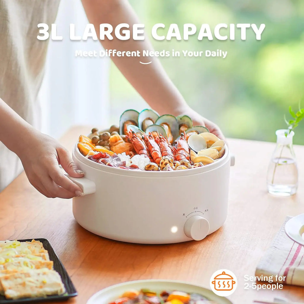 3L electric hot pot with white ceramic non-stick inner and side control knob, full of food