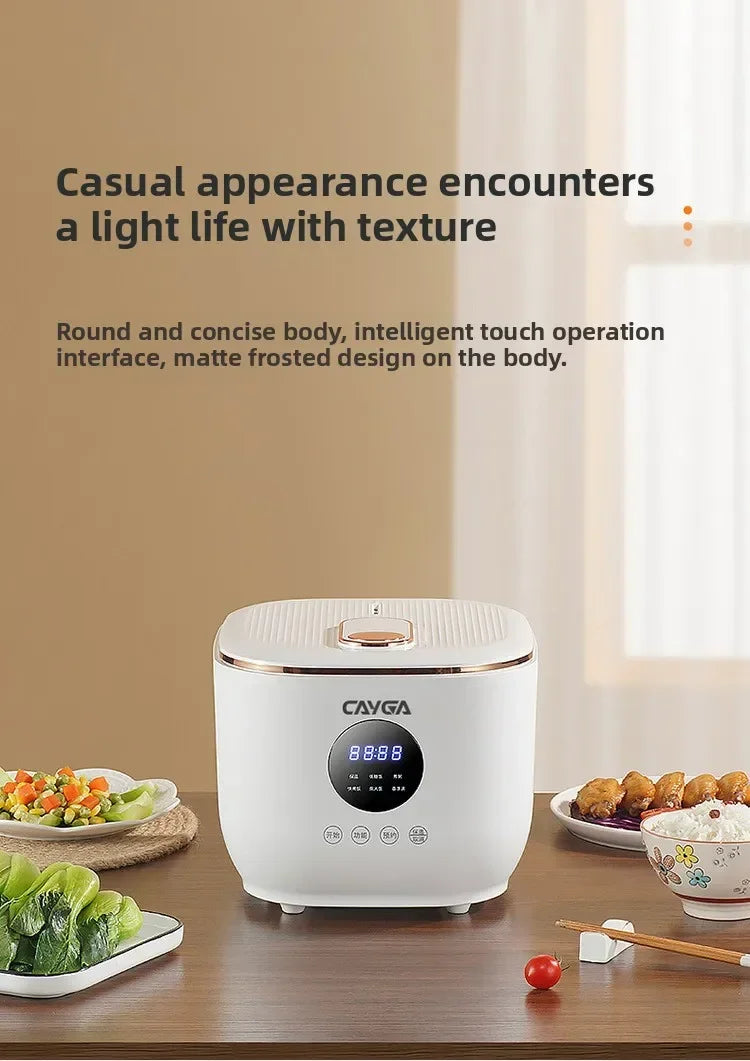White smart rice cooker with digital display and top lid on a table