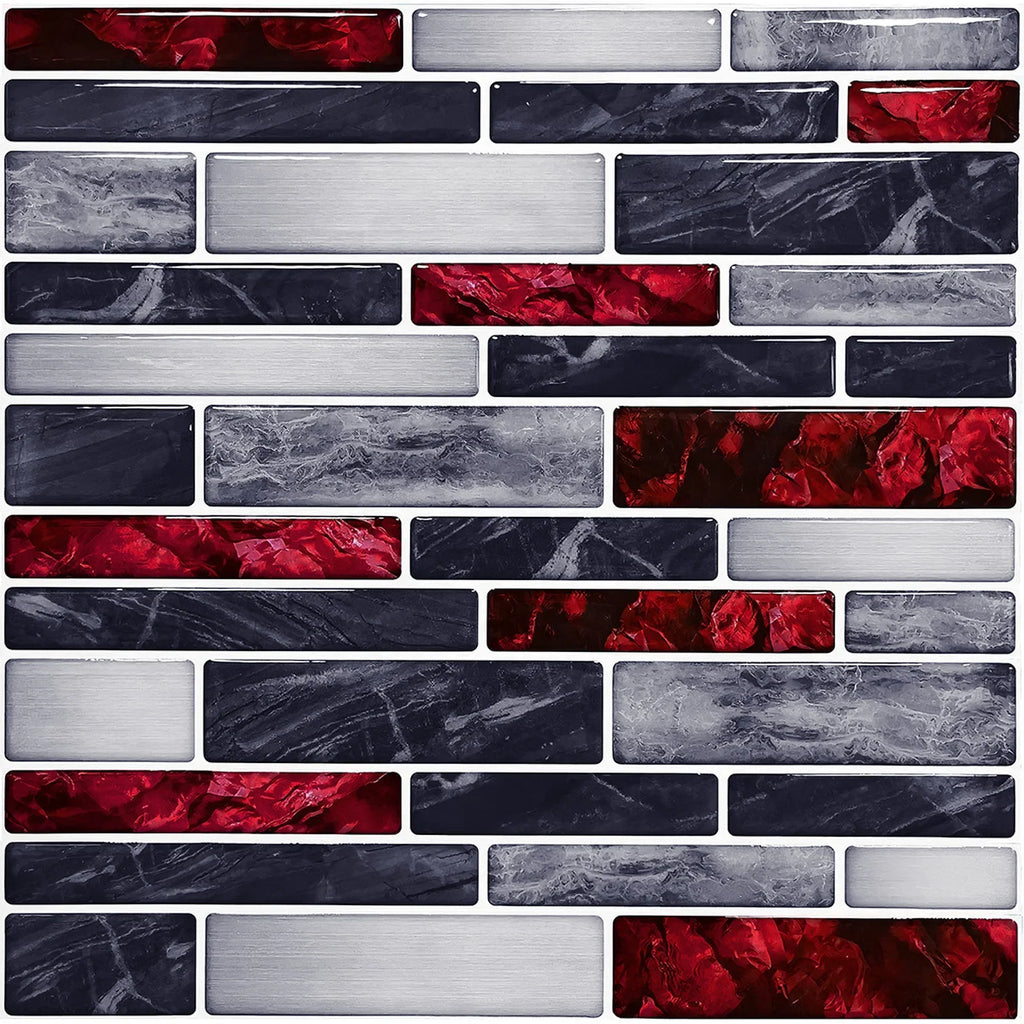 Self-adhesive 3D brick tile sticker sheet, gray marble, black and red accents