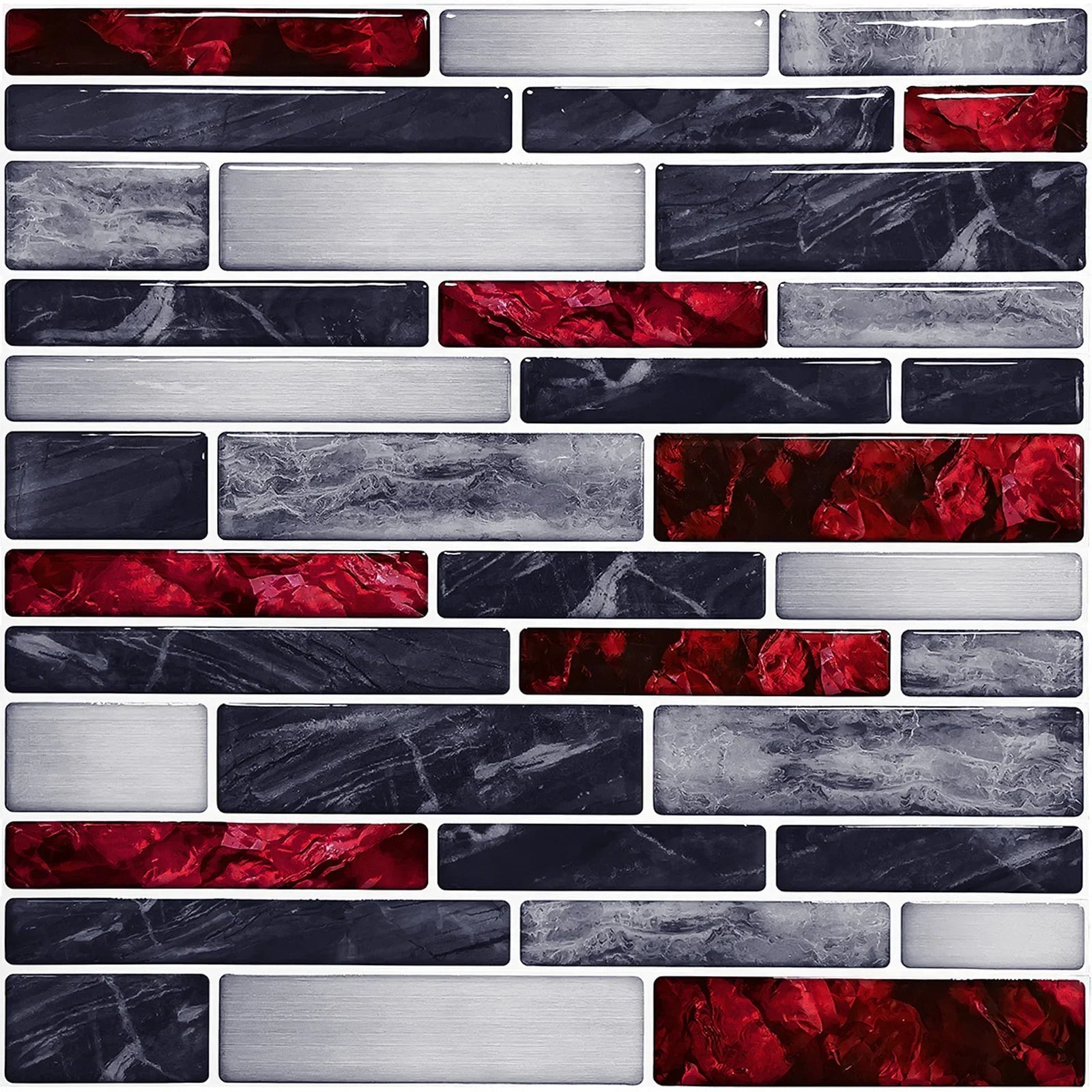 Self-adhesive 3D brick tile sticker sheet, gray marble, black and red accents