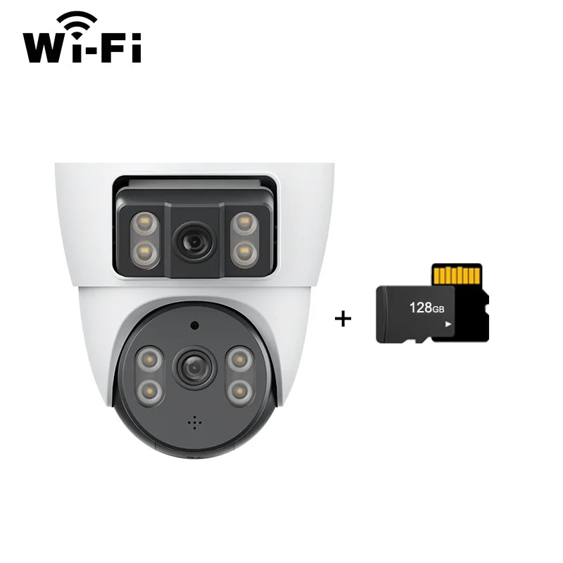White dual-lens WiFi security camera bundle with 128GB microSD card