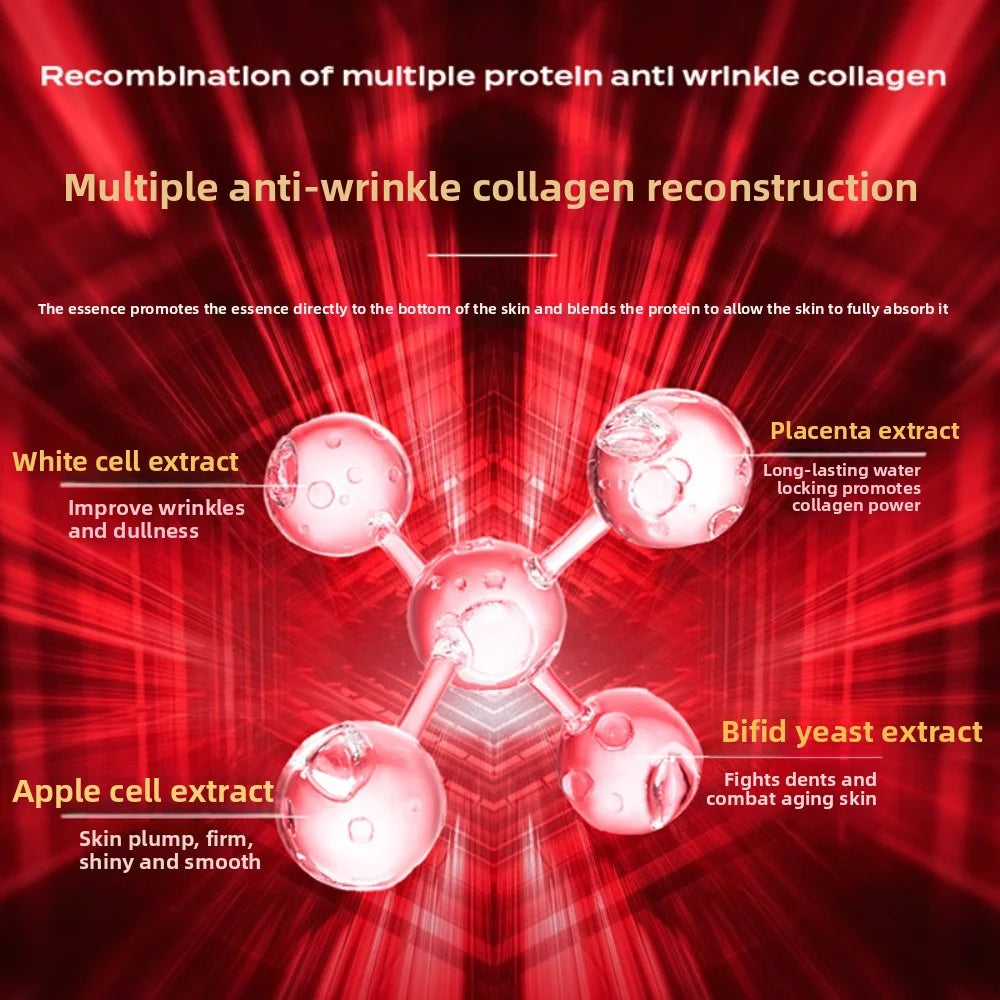 Pink translucent molecule model on a red background, representing anti-wrinkle collagen skincare ingredients.