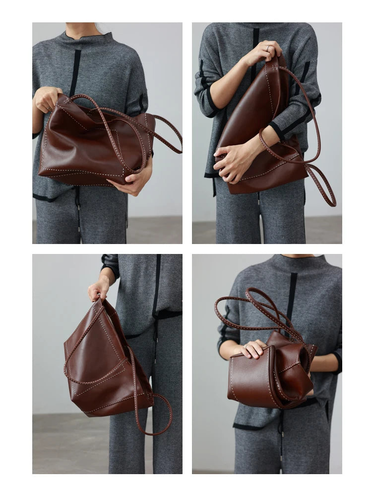 Women Large Capacity Genuine Leather Tote Soft Shoulder Bag