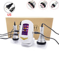 White 40k ultrasonic body slimming machine with screen and silver wands on a stand against a brown box.