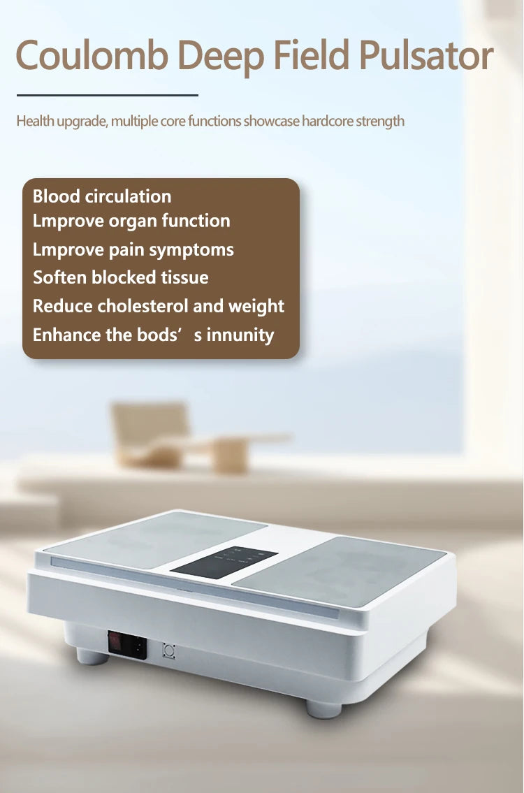 White rectangular Coulomb Deep Field Pulsator with two flat metal plates, a central touch panel, and a power switch.