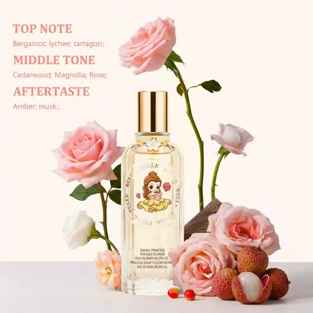 MINISO x Disney Belle Eau de Parfum 60ml: Floral rose, lychee, cedar fragrance in a chic glass spray bottle for women.