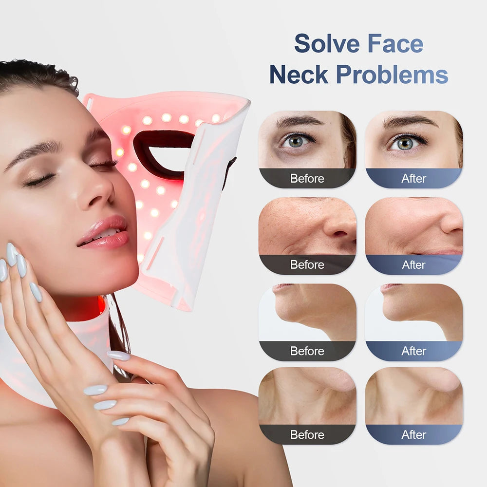 White silicone LED light therapy face and neck mask with red lights for skin treatment, shown with before-after results.