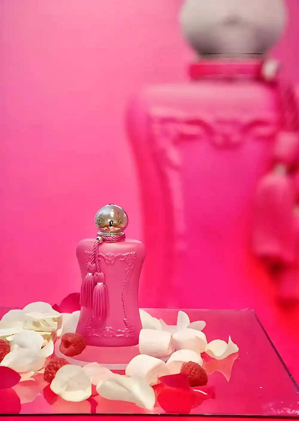 Luxury EDP for women, 75ml floral pheromone perfume. Pink ornate bottle with tassel, raspberry and marshmallow notes.