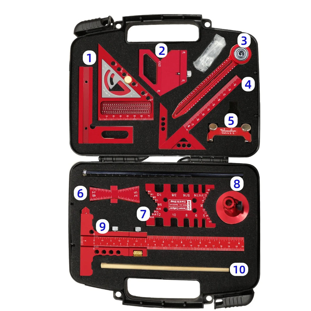 10pcs Woodworking Square Kit with Box, T-Square Scribing Tools,Positioning Block,Circular Drawing Compass,Honing Guide,Height Ga