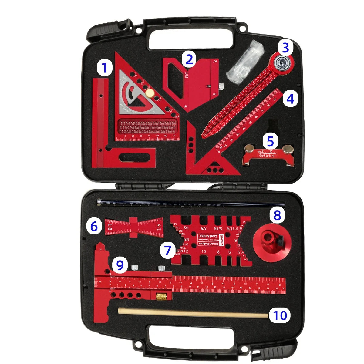 10pcs Woodworking Square Kit with Box, T-Square Scribing Tools,Positioning Block,Circular Drawing Compass,Honing Guide,Height Ga