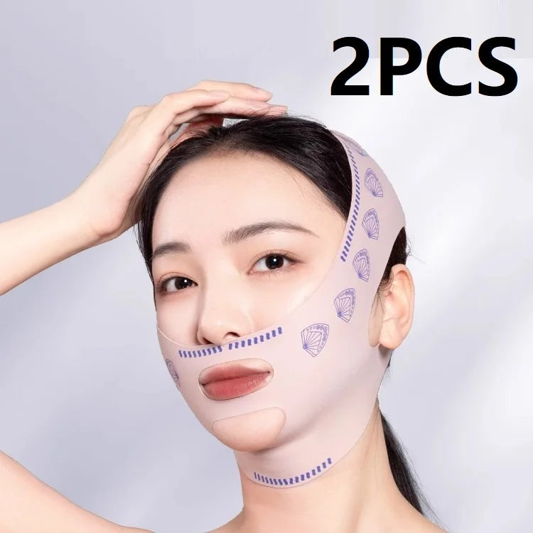 Woman wearing a 2-piece pink V-line slimming chin mask, lifting face bandage for jawline contouring and anti-aging.