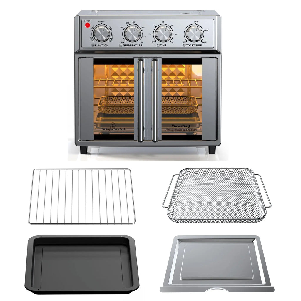 29.5 QT French Door Air Fryer Convection Toaster Oven, Extra Large 6 Slices, 1700W, Multifunction Oven for Air Fryer, Toast, Grill, Defrost, Bake, Time and Temperature Controls, Silver