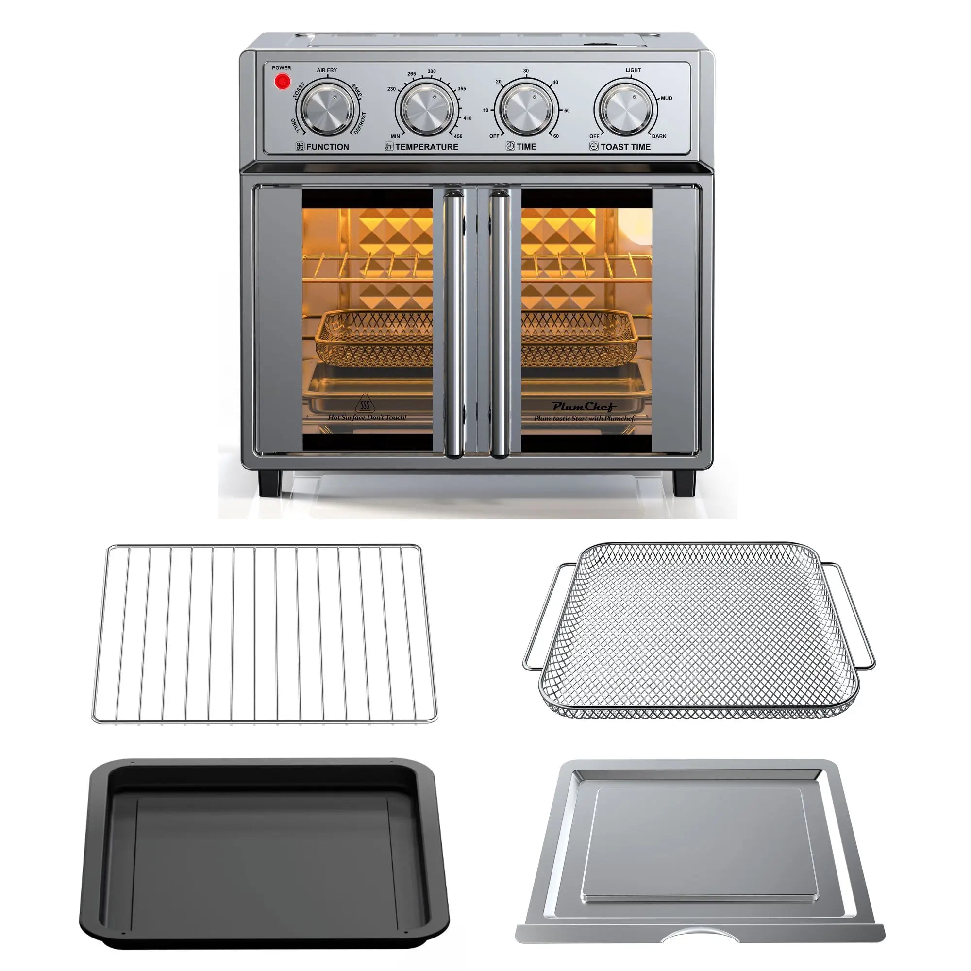 29.5 QT French Door Air Fryer Convection Toaster Oven, Extra Large 6 Slices, 1700W, Multifunction Oven for Air Fryer, Toast, Grill, Defrost, Bake, Time and Temperature Controls, Silver
