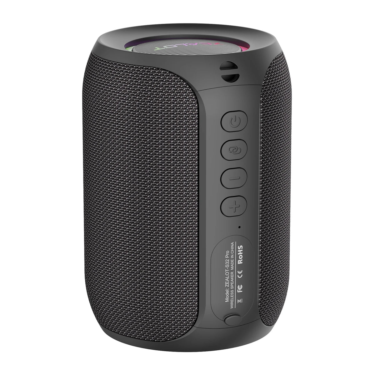 Black portable Bluetooth speaker with side buttons and textured speaker grille