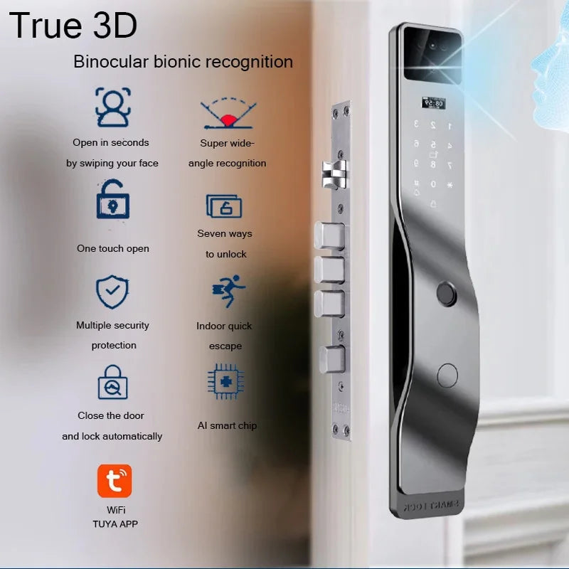 3D Face Recognition Smart Door Lock WiFi Electronic Home Lock with Camera RFID Card Compatible with Tuya for Smart Home Security