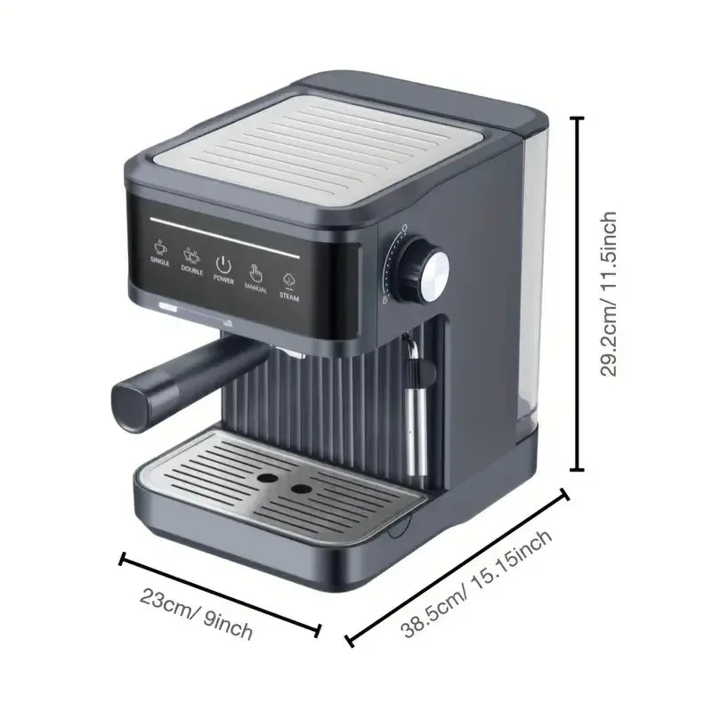 Compact grey espresso machine with stainless steel drip tray, steam wand, and digital touch controls. 11.5 inches tall.