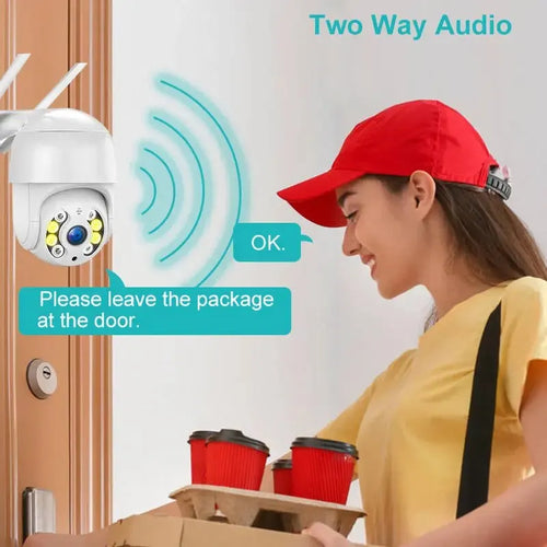 White outdoor PTZ dome security camera with two antennas, supporting two-way audio.