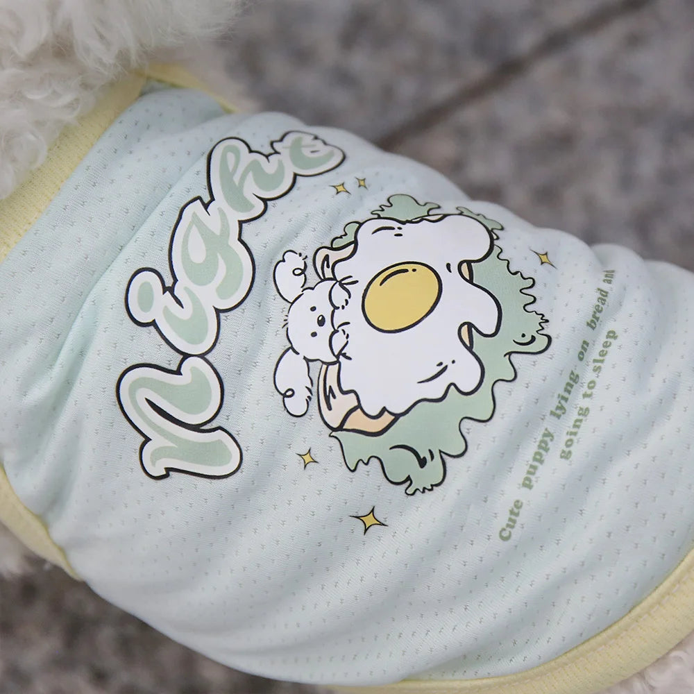Breathable ice silk pet vest for cats and dogs with cute egg graphic, perfect for summer cooling and comfort.