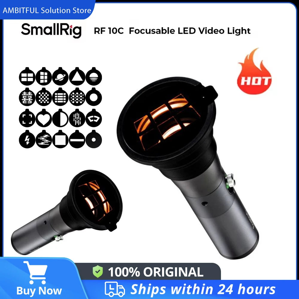 RF 10C focusable LED video light in cylindrical metal housing with lens attachment and 20 pattern gobo filter discs.
