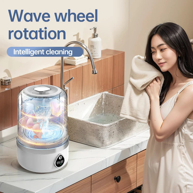 Tidesmit 1.5L portable wireless mini washing machine for underwear and socks with LED laundry bucket, side angle view