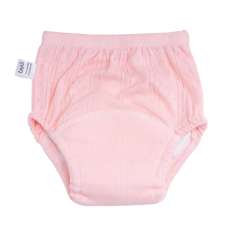 UOU baby training diaper pants in light pink with breathable pointelle fabric for potty training.