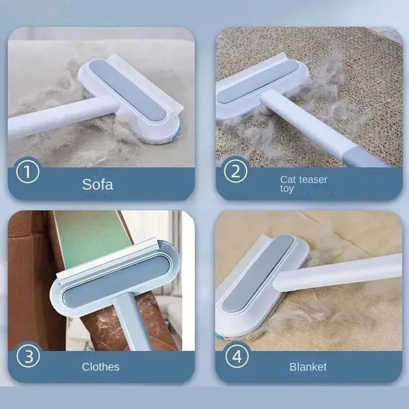 Blue and white manual pet hair remover brush effectively cleans fur from sofas, clothes, blankets, and carpets.