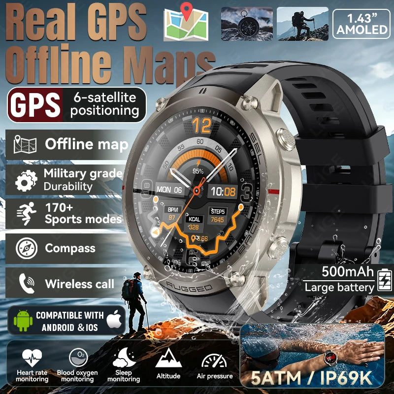 LIGE 5ATM Waterproof GPS Smart Watch Heart Rate Blood Oxygen 500mAh Battery Fitness Outdoor Offline Map Smartwatch Men Women