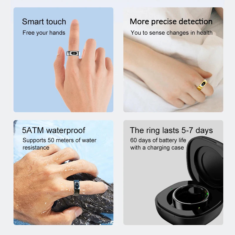 R08 Smart Ring Men Women with Charging Case Health and Sleep Monitor 5ATM Waterproof Multi Sport Mode Heart Rate Monitoring NEW