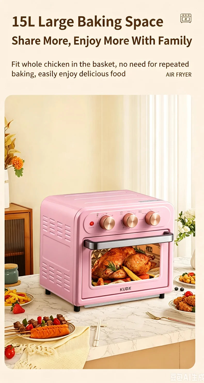 15L Visible Air Fryer Oven Retro Pink Multifunctional Toaster Oven Oil-Free Baking Mini Electric Oven 15.85QT Countertop Oven