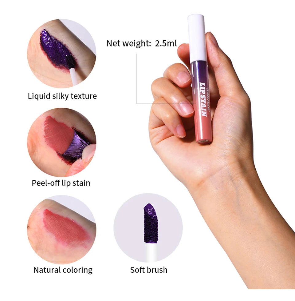 Long-lasting waterproof peel-off lip stain with silky texture, soft brush applicator, and natural pink color tint.
