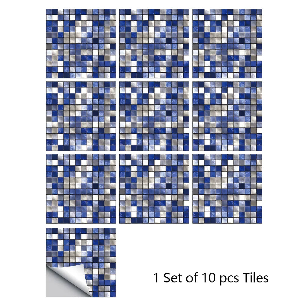 Blue and gray checkered marble mosaic tile wall stickers, 10-piece set