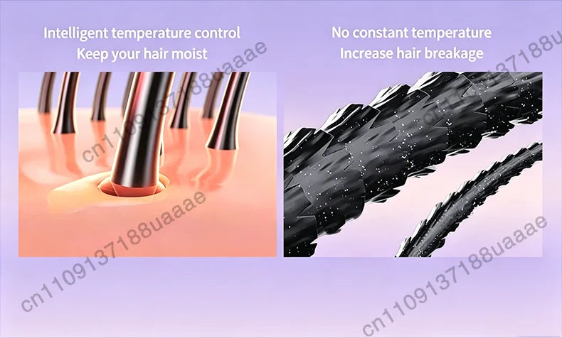 2-in-1 negative ion hair dryer and straightener showing intelligent temperature control to prevent hair breakage.
