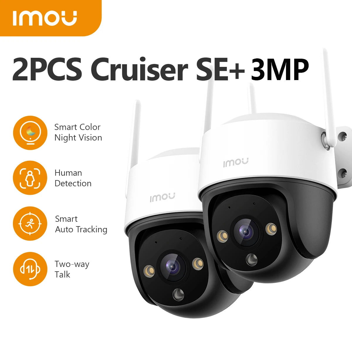 2PCS IMOU Cruiser SE+ 3MP Wi‑Fi security cameras promotional view with dual antennas