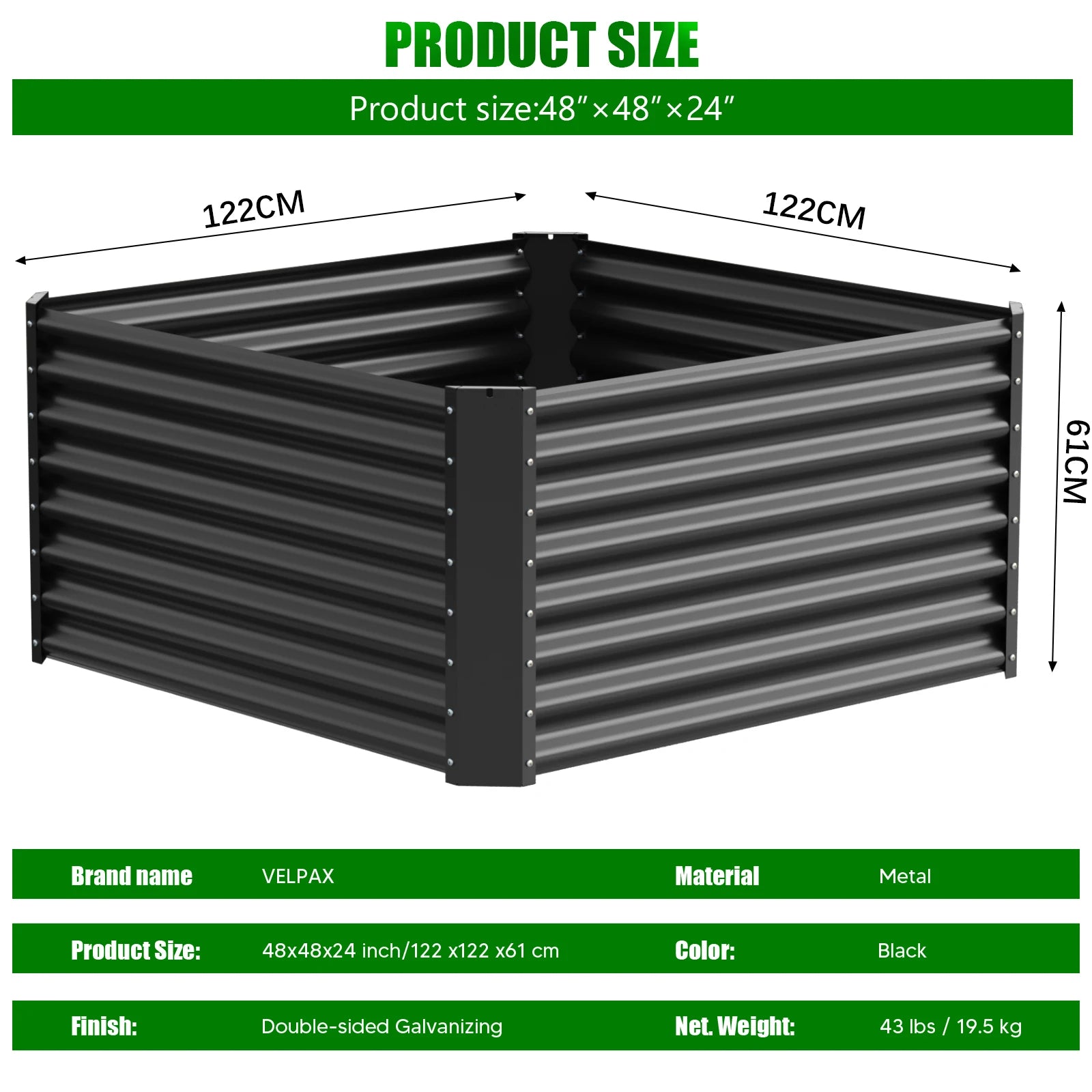 Galvanized metal raised vegetable tray, 240/gallons, open base, rustproof corrugated steel for vegetables, herbs and flowers, quick assembly in 10 minutes for outdoor gardening, patio and yard.
