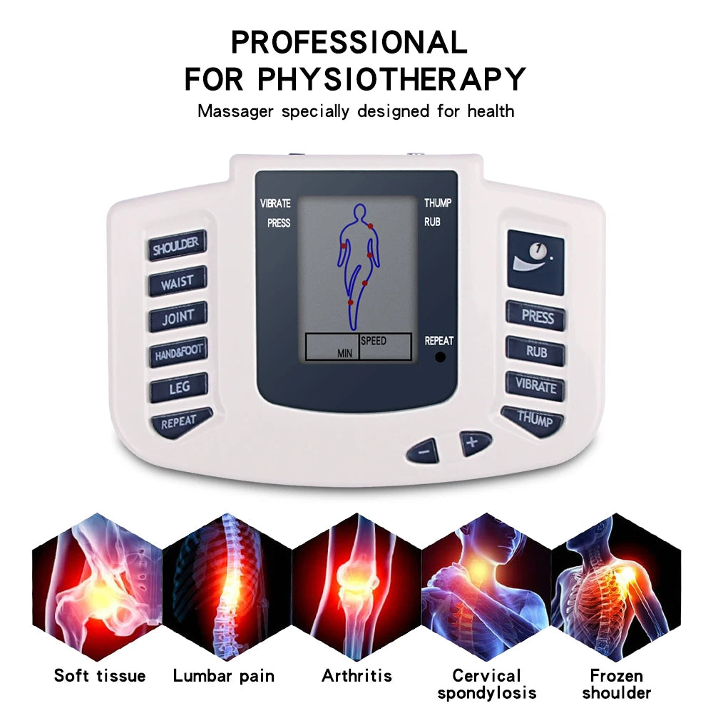 White EMS electrostimulator for physiotherapy with LCD screen, 12 massage modes, and pain relief therapy for joints.