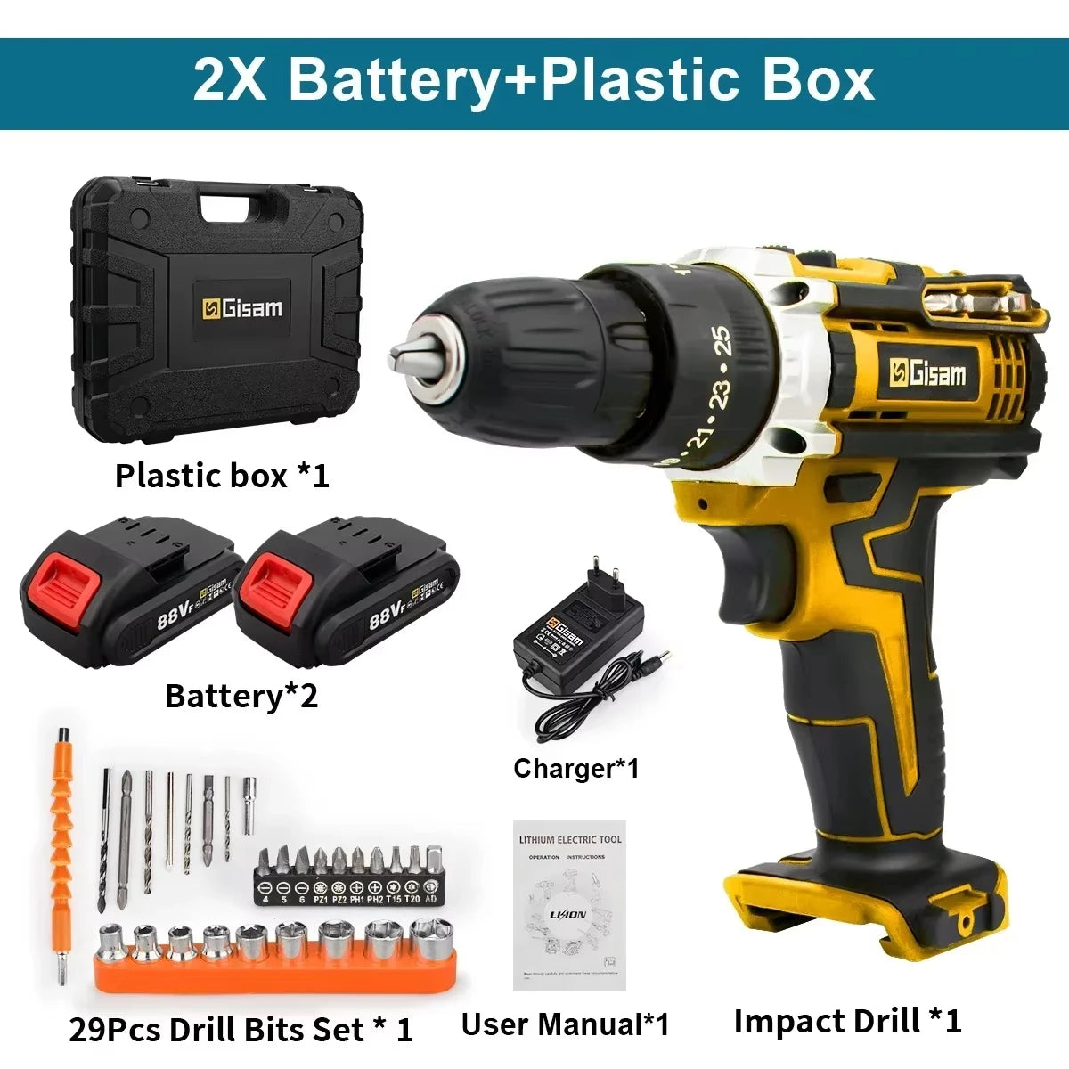 Gisam Cordless Impact Drill Electric Screwdriver Rechargeable Handheld Hammer Drill Power Tool 25+3 Torque Driver Li-ion Battery