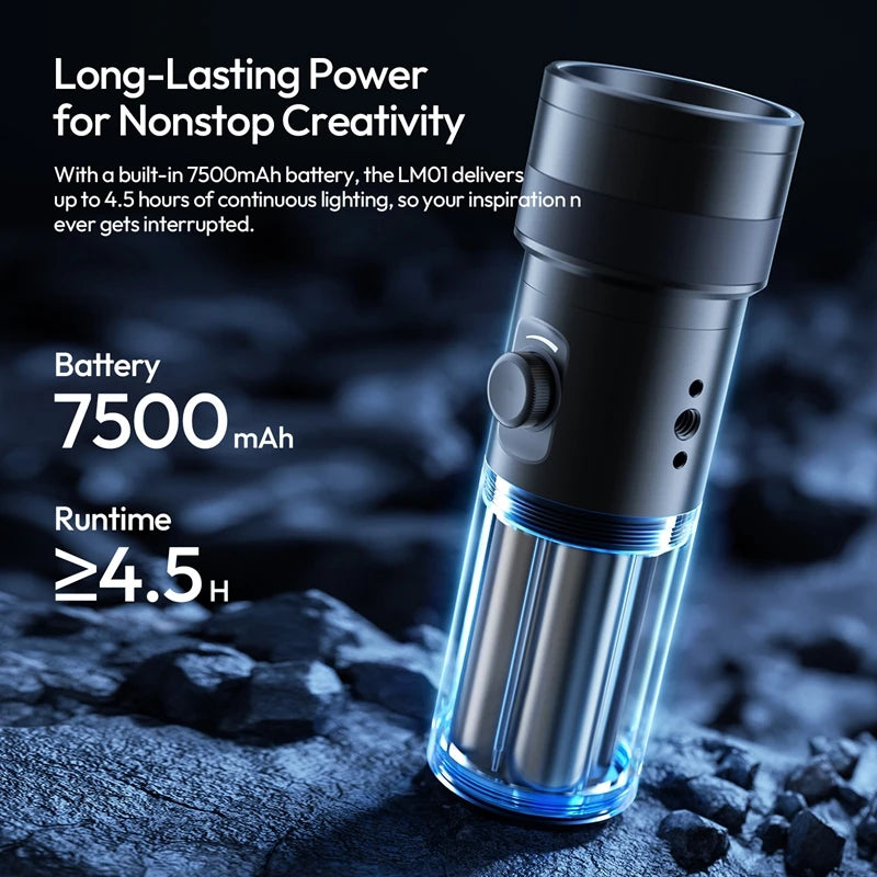 LM01 cylindrical matte black LED video light with a clear base, dial control, and 7500mAh internal battery.