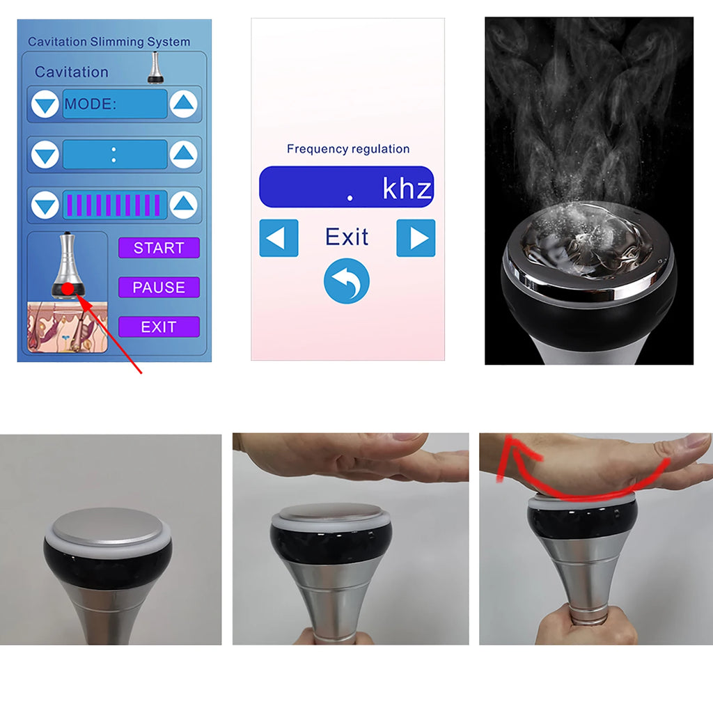 Collage of a BEEMY cavitation slimming device showing its digital interface, ultrasonic vibration, and handle usage.