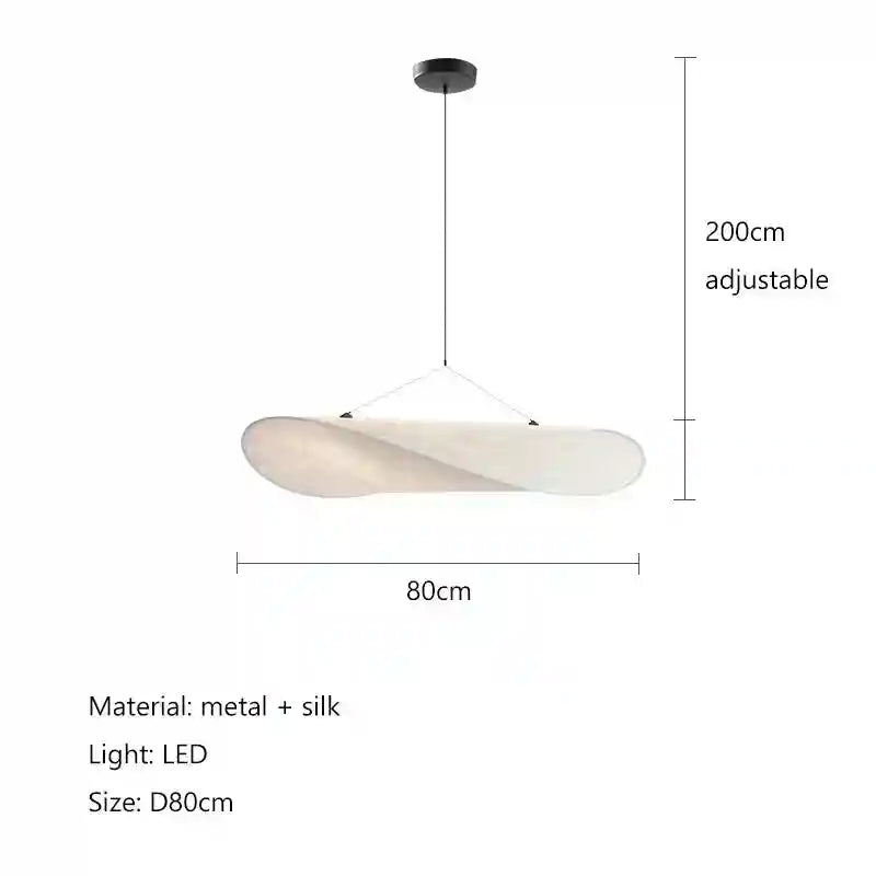 80cm white silk pendant light with a twisted oval shape, metal hardware, and adjustable 200cm cord for ceiling use.