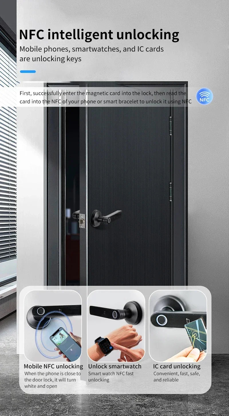 Tuya App Bluetooth Smart Fingerprint Door Lock Password Mechanical Key NFC Unlocking For Wooden Door Handle Lock IP65 Rainproof