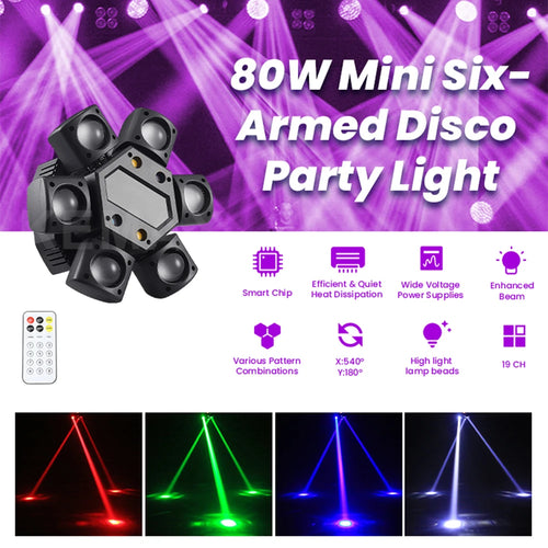 Compact six-arm mini disco party light showing front lenses and pattern-control icons