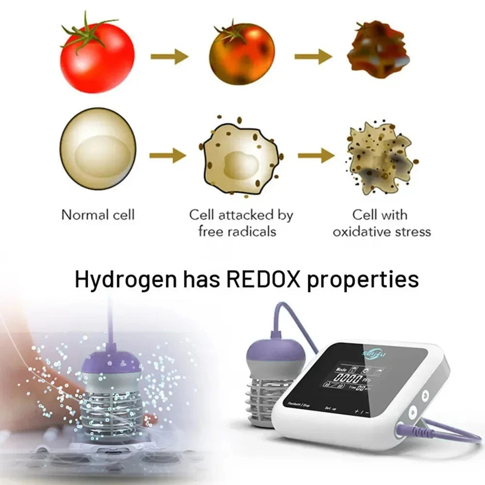 Ionic foot bath detox machine with touch display, ion cleanse array, and infographic showing cell oxidative stress.