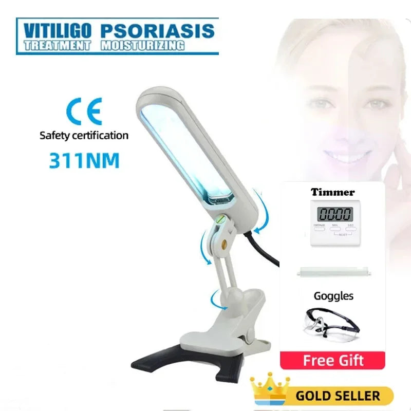 Portable 311nm UVB lamp for vitiligo, psoriasis, and eczema treatment with digital timer, goggles, and adjustable stand.