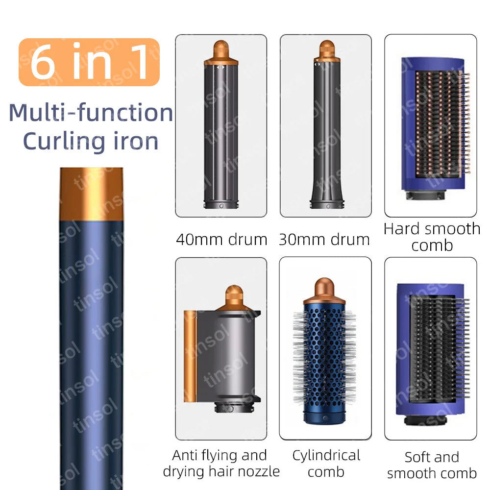 6-in-1 high-speed ionic hair dryer set in blue and gold with curling iron, smoothing combs, and drying nozzle.
