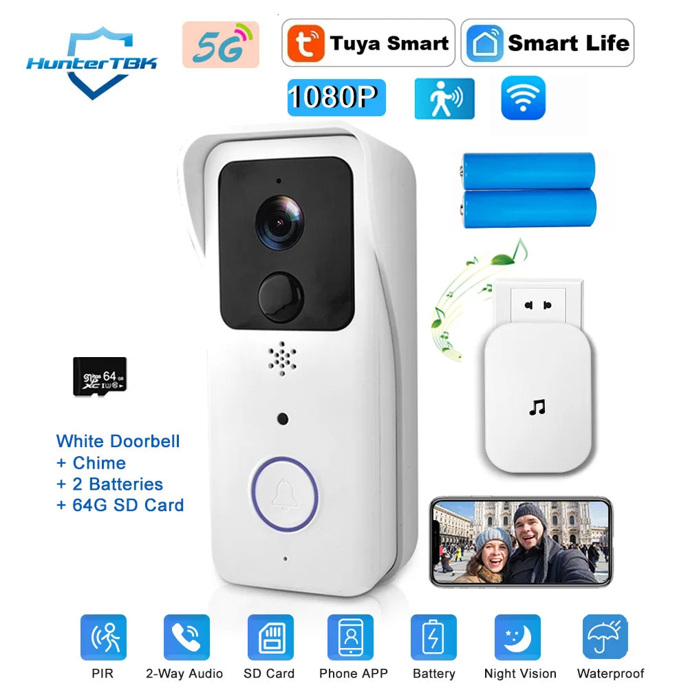 White WiFi video doorbell kit with chime and 64GB SD card, 1080P camera