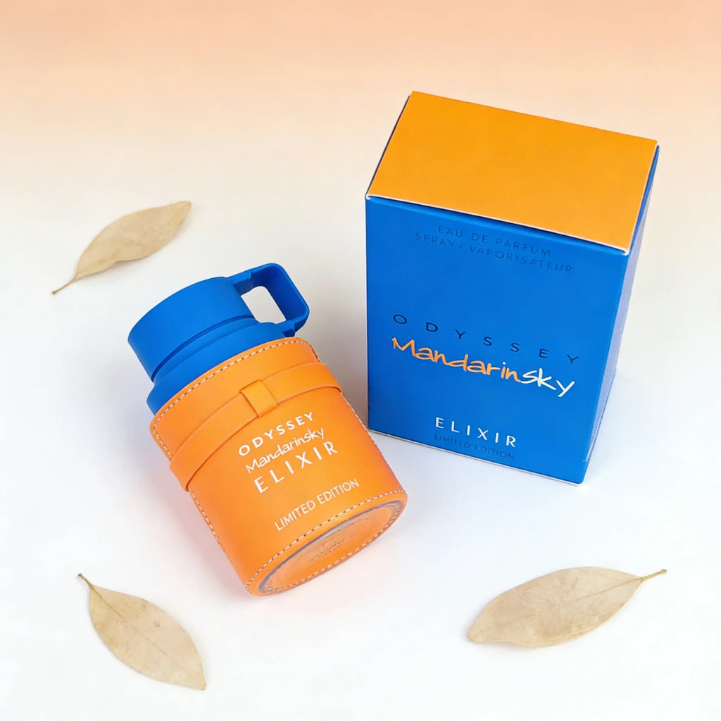 Armaf Odyssey Mandarinsky Elixir EDP: Men’s fresh citrus & spicy scent in a unique orange leather-wrapped bottle.