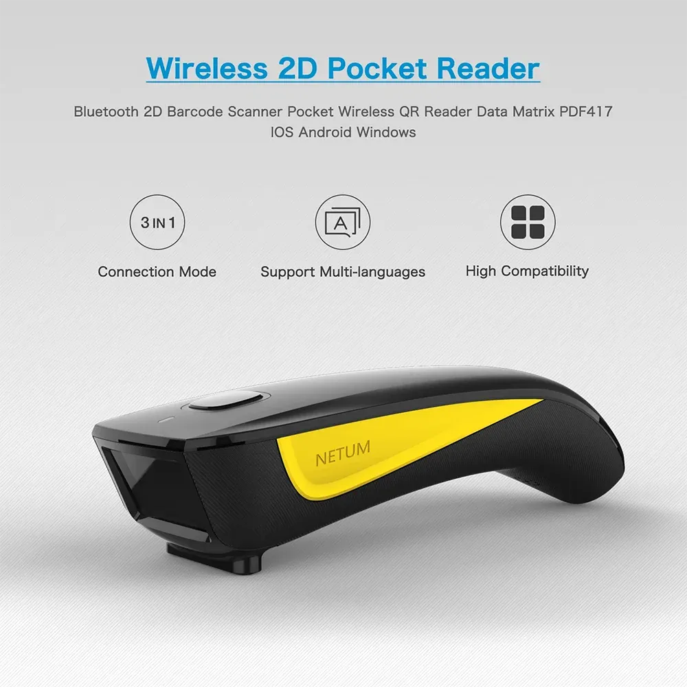 Wireless 2D pocket barcode reader with yellow accent on black handheld scanner body